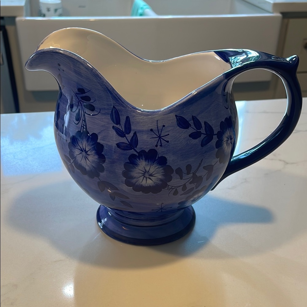 FTD Blue and White Ceramic Pitcher with Floral Motifs